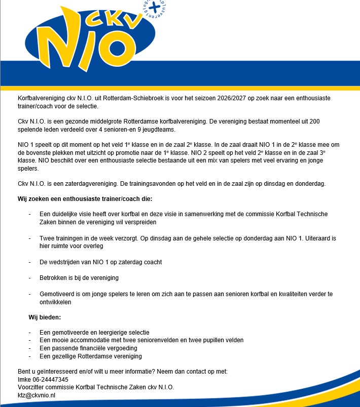 Vacature trainer/coach selectie NIO 2026-2027